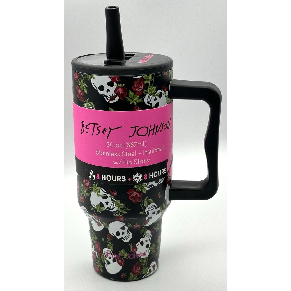 Betsey Johnson 30oz Stainless Steel Insulated Flip Straw Skull Roses Tumbler